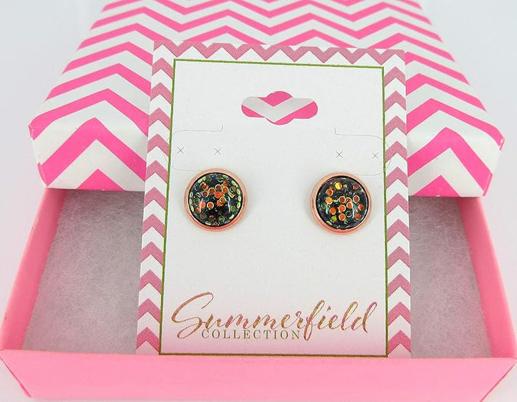 Summerfield Collection Rose Gold-tone Black and Green Iridescent Glitter Resin Stud Earrings 10mm