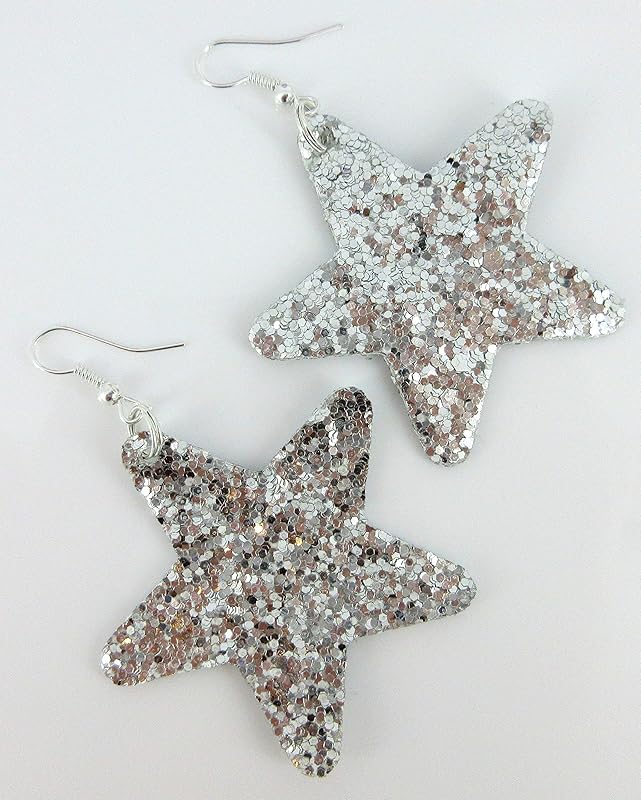 Summerfield Collection Glitter Faux Leather Large Star Dangle Earrings (Silver)