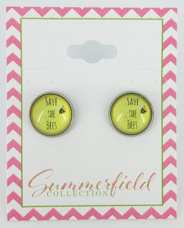 Summerfield Collection Stainless Steel Save the Bees Print Glass Stud Earrings 12mm Yellow and Black
