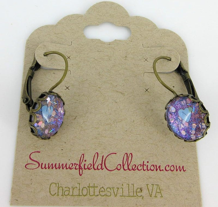 Summerfield Collection Antiqued Gold-tone Blue Purple Heart Bar Glitter Glass Drop Earrings Hand-painted