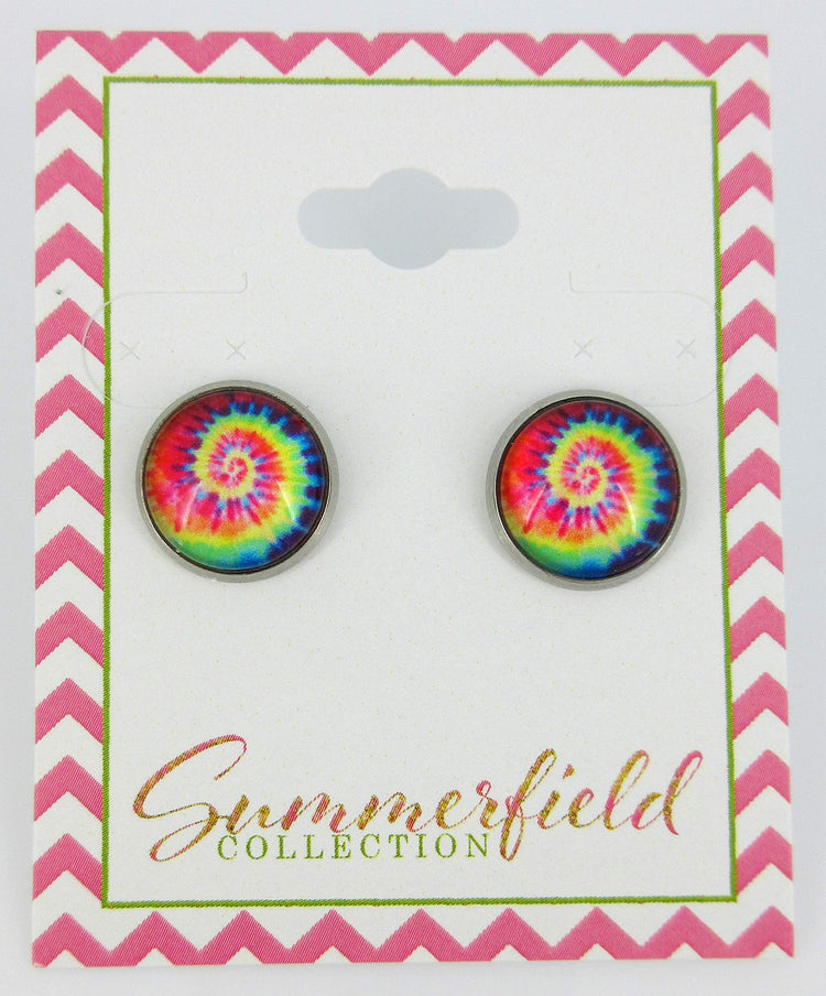 Stainless Steel Tie Dye Print Glass Stud Earrings 12mm (Purple/Red Swirl)