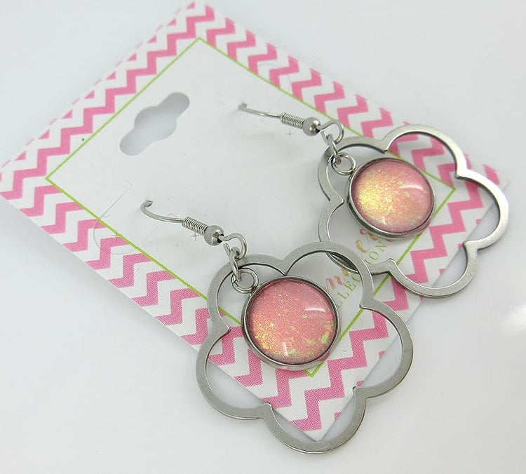 Summerfield Collection Stainless Steel Pink and Iridescent Glitter Flake Glass Flower Charm Dangle Earrings Handpainted