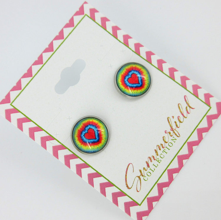 Stainless Steel Tie Dye Print Glass Stud Earrings 12mm (Heart)