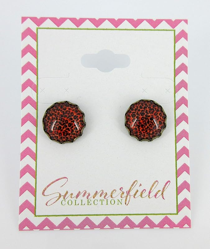 Summerfield Collection Antiqued Gold-tone Animal Print Glass Stud Earrings 12mm (Red)