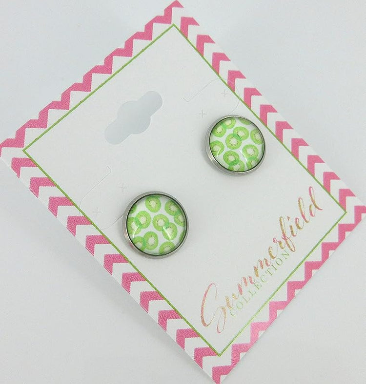 Summerfield Collection Stainless Steel Kiwi Fruit Print Glass Stud Earrings 12mm Green and White