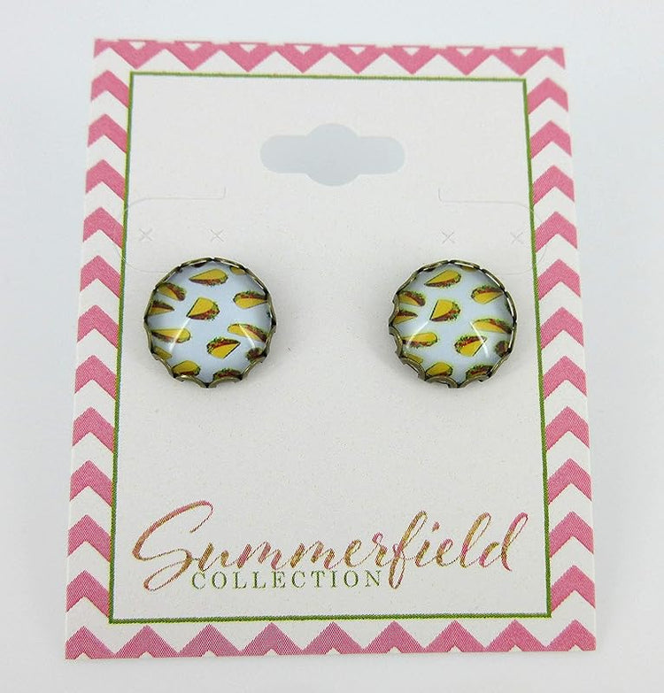 Summerfield Collection Antiqued Gold-tone Taco Print Glass Stud Earrings 12mm