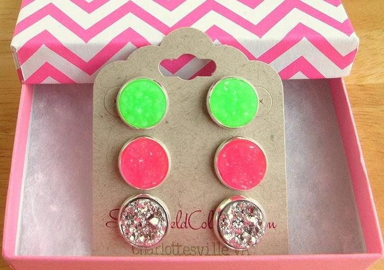 Summerfield Collection Trio Silver-tone Neon Green Pink Faux Druzy Stone Stud Earrings 12mm Set