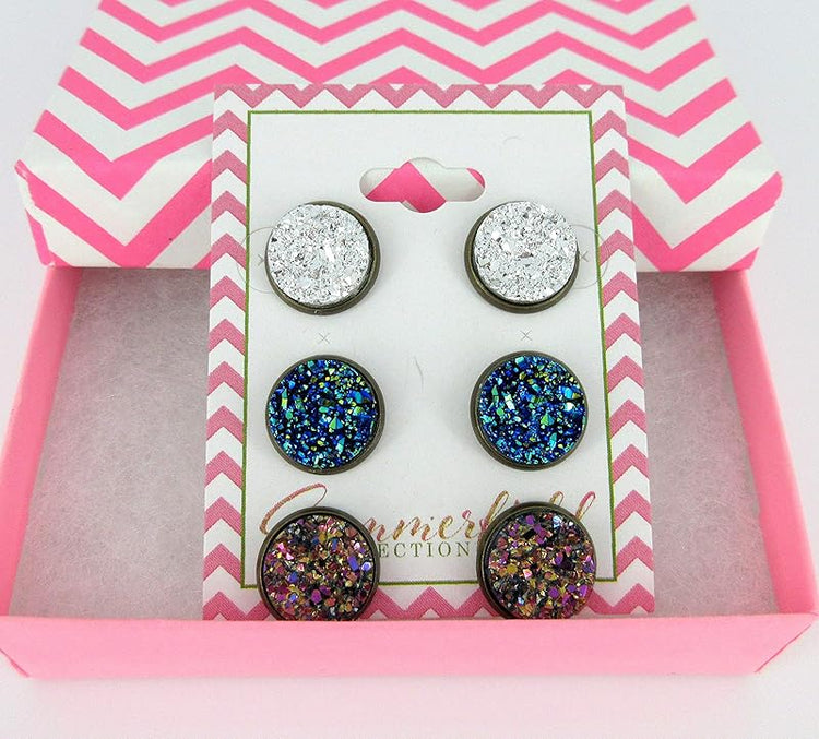 Summerfield Collection Trio Antiqued Gold-tone Stud Earrings 12mm Faux Druzy Stone Silver Metallic Blue Pink Set