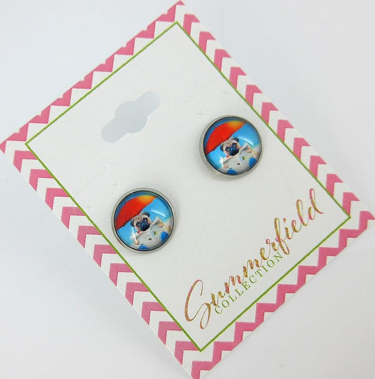 Summerfield Collection Stainless Steel Pug Dog on the Beach Print Glass Stud Earrings 12mm