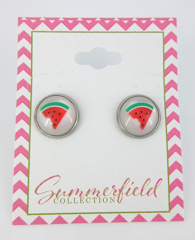Summerfield Collection Stainless Steel Fruit Print Frosted Resin Stud Earrings 12mm (Watermelon)