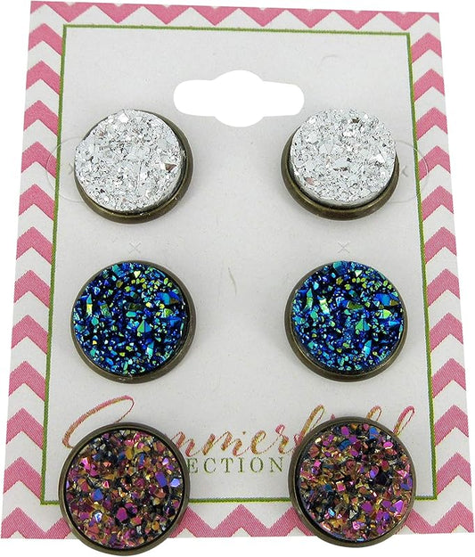 Summerfield Collection Trio Antiqued Gold-tone Stud Earrings 12mm Faux Druzy Stone Silver Metallic Blue Pink Set