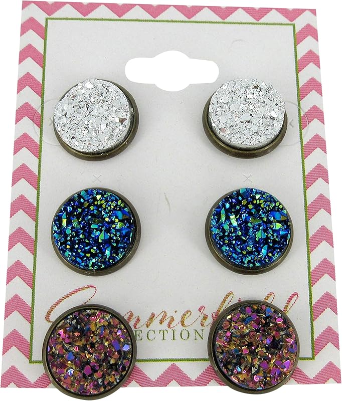 Summerfield Collection Trio Antiqued Gold-tone Stud Earrings 12mm Faux Druzy Stone Silver Metallic Blue Pink Set