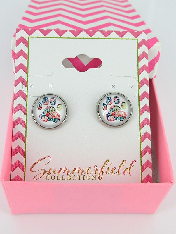 Summerfield Collection Stainless Steel White and Flower Paw Print Glass Stud Earrings 12mm