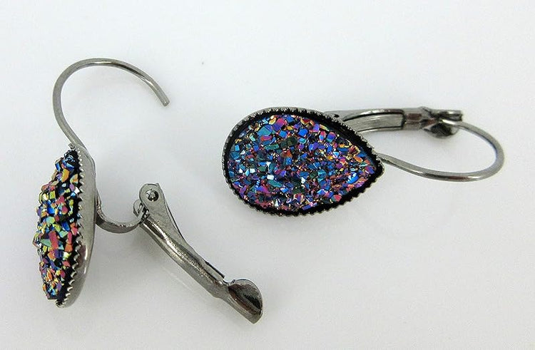 Summerfield Collection Hematite-tone Unicorn Tear Faux Druzy Stone Lever-back Drop Earrings 12mm
