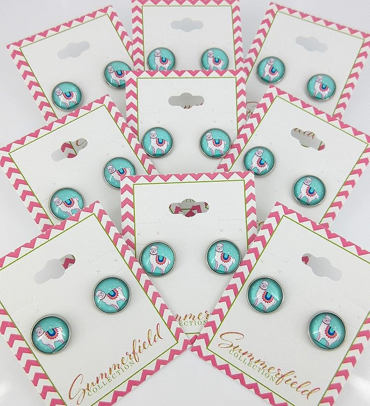 Summerfield Collection Stainless Steel Llama Print Glass Stud Earrings 12mm (Aqua)