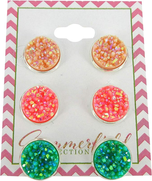Summerfield Collection Peaches and Green Trio Silver-tone Stud Earrings 12mm Nude Coral AB Faux Druzy Stone Set