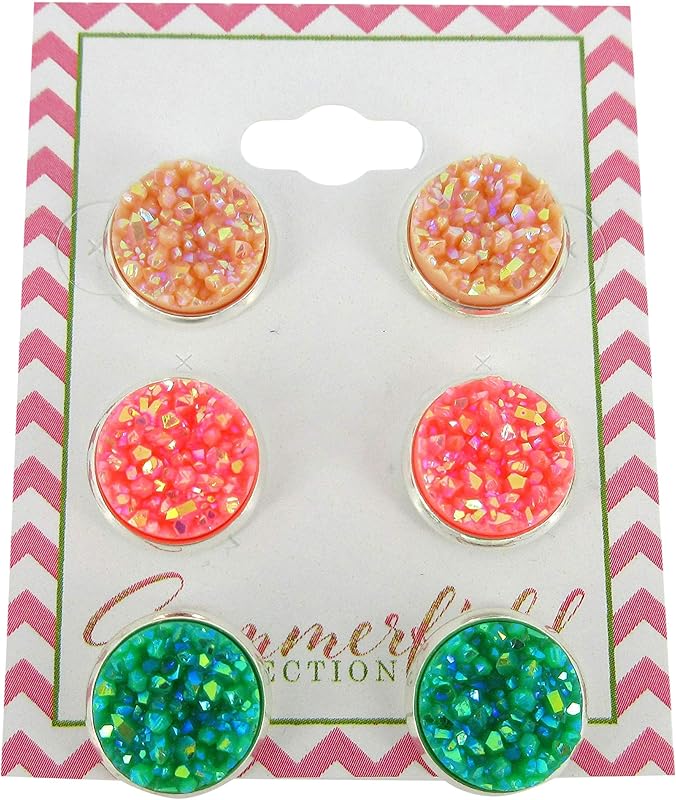 Summerfield Collection Peaches and Green Trio Silver-tone Stud Earrings 12mm Nude Coral AB Faux Druzy Stone Set