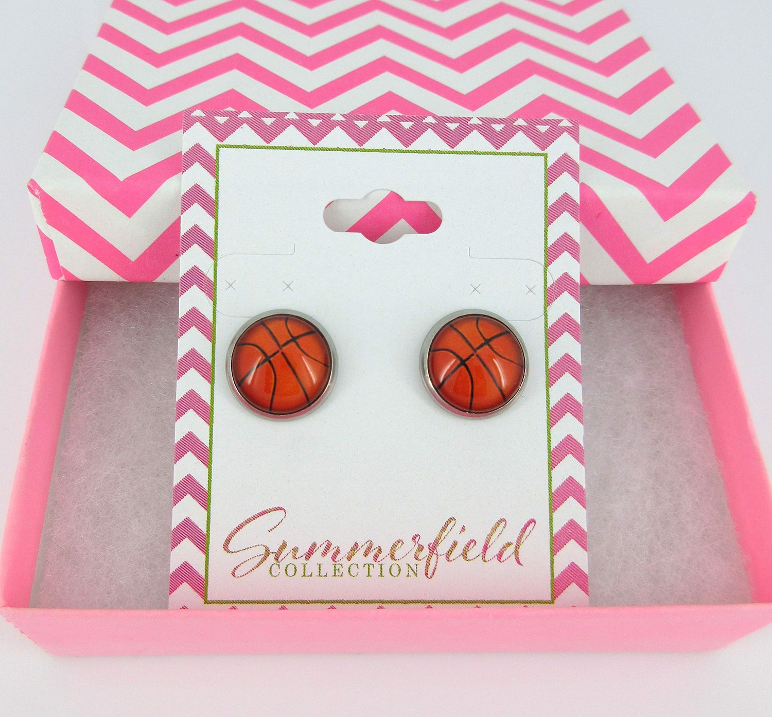 Stainless Steel Basketball Print Glass Stud Earrings 12mm