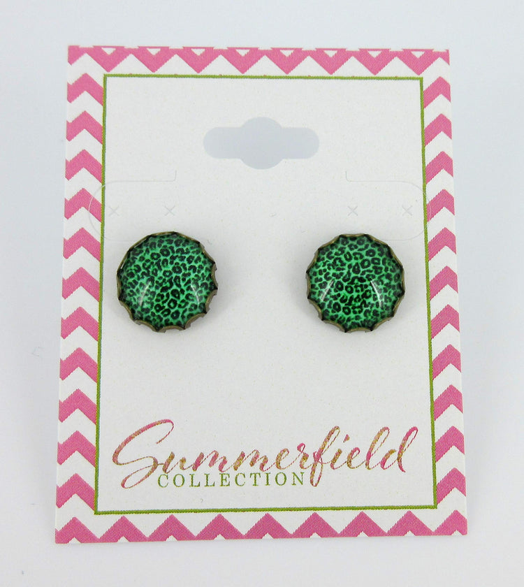 Antiqued Gold-tone Animal Print Glass Stud Earrings 12mm (Grass Green)