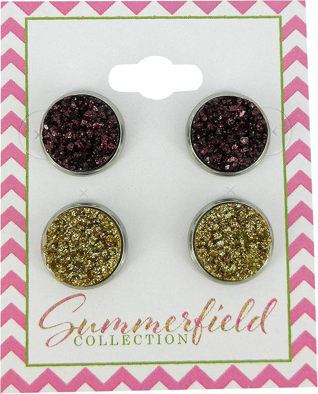 Summerfield Collection Duo Stainless Steel Glitter Faux Druzy Stone Stud Earrings Set (Dark Maroon/Gold)