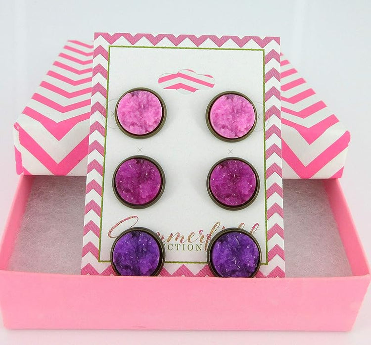 Summerfield Collection Trio Antiqued Gold-tone Purple Faux Druzy Stone Stud Earrings Set 12mm