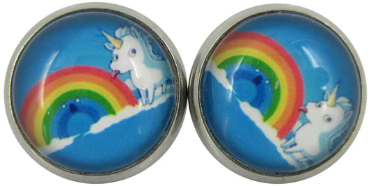 Stainless Steel Unicorn Licking Rainbow Print Glass Stud Earrings 12mm