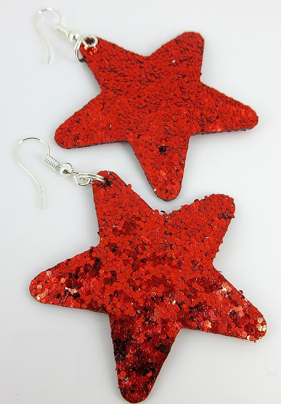 Summerfield Collection Glitter Faux Leather Large Star Dangle Earrings (Red)