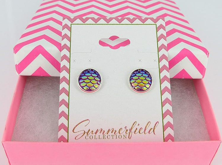 Summerfield Collection Silver-tone Pink Purple Metallic Mermaid Scale Stud Earrings 10mm