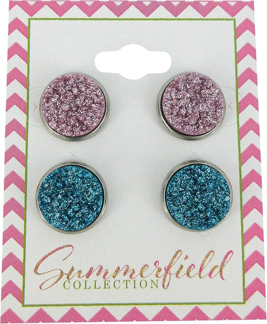 Summerfield Collection Duo Stainless Steel Glitter Faux Druzy Stone Stud Earrings Set (Lilac Purple/Aqua Blue) 12mm