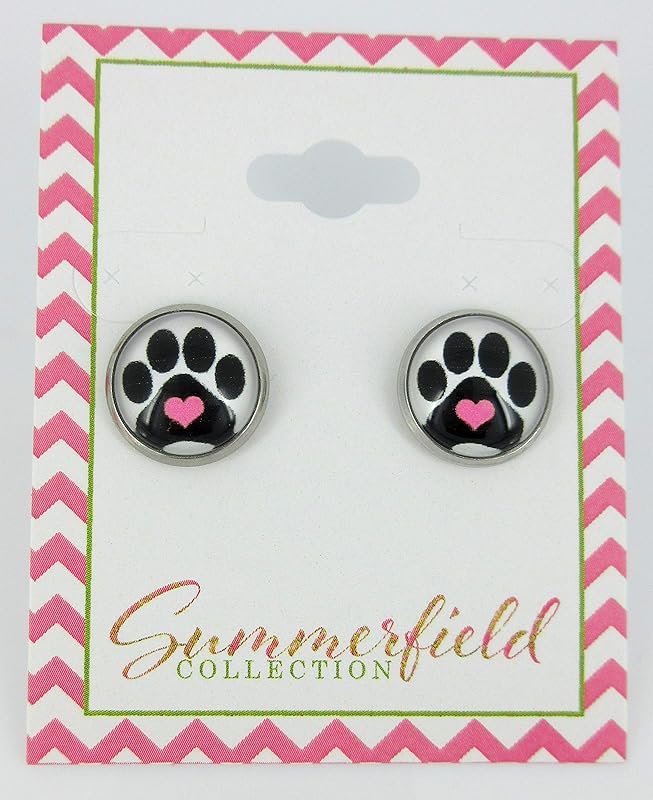 Summerfield Collection Stainless Steel Black and White Paw Print Pink Heart Glass Stud Earrings 12mm