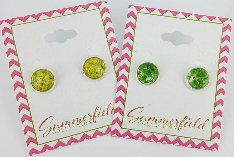 Summerfield Collection Silver-tone Clear and Dried Flower Resin Stud Earrings 10mm (Green)