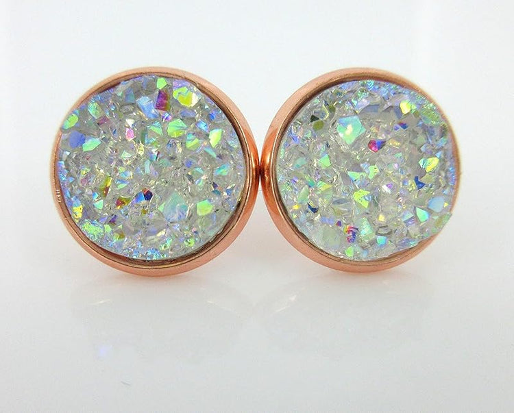 Summerfield Collection Rose Gold-tone Faux Druzy Stone Stud Earrings 12mm (Clear AB)