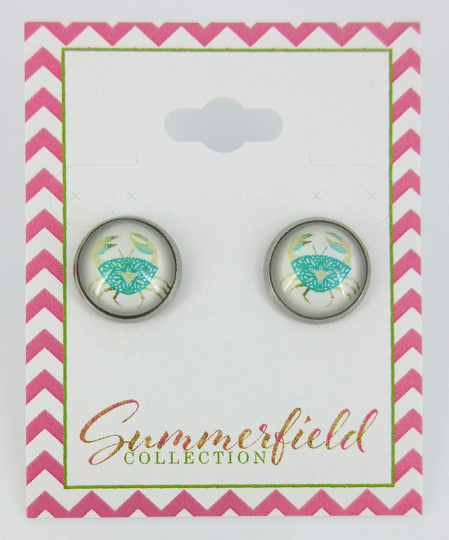 Stainless Steel Blue Crab Print Glass Stud Earrings 12mm