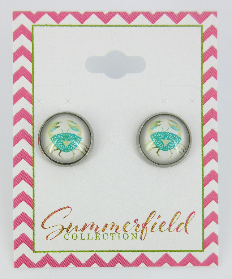 Stainless Steel Blue Crab Print Glass Stud Earrings 12mm