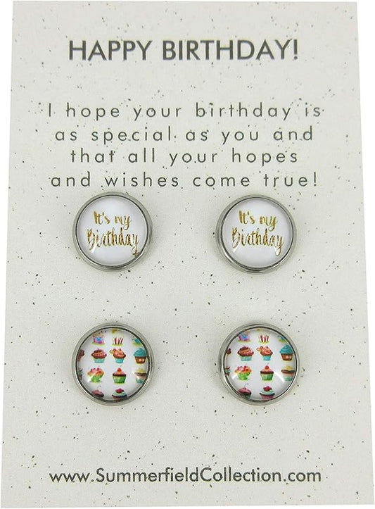 Summerfield Collection Duo Stud Earrings Stainless Steel Happy Birthday and Cupcake Print Glass 12mm Set