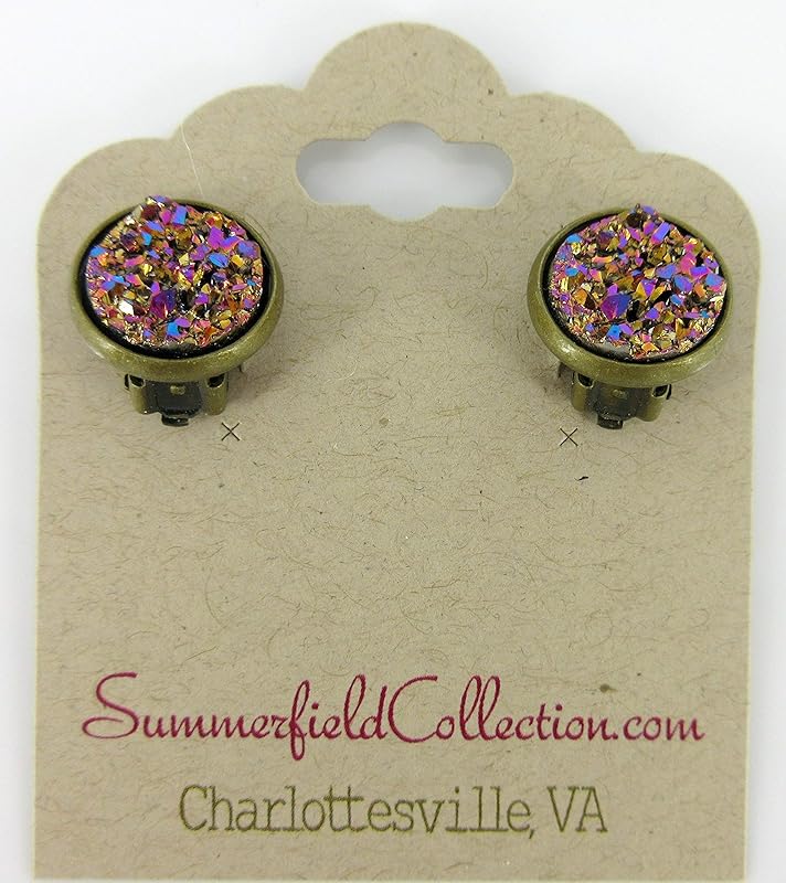 Summerfield Collection CLIP-ON Antiqued Gold-tone Faux Druzy Stone Stud Earrings 12mm (Gold/Pink/Teal Metallic)