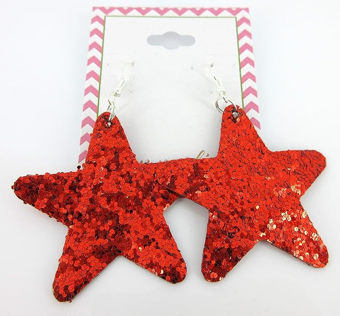 Glitter Faux Leather Large Star Dangle Earrings (Red)