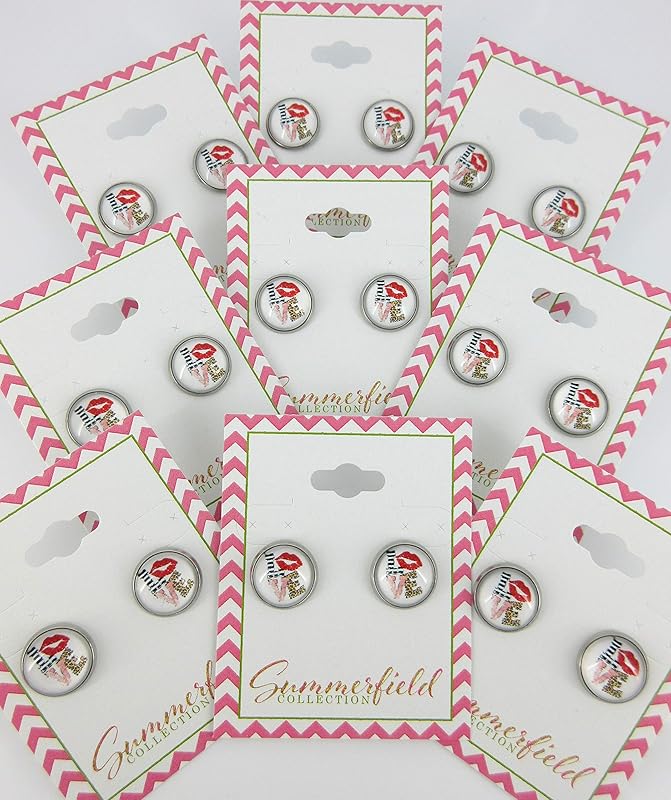 Summerfield Collection Stainless Steel Love Print Glass Stud Earrings 12mm White Animal Red Lips