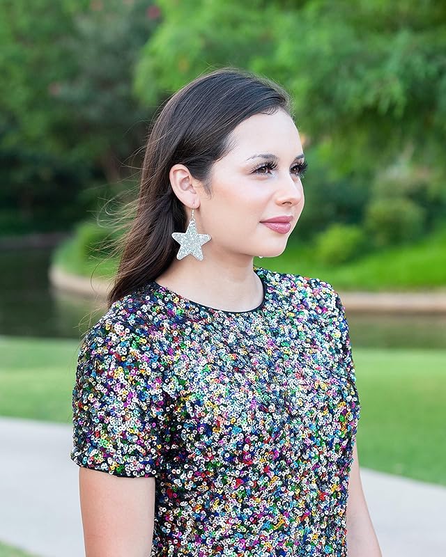 Summerfield Collection Glitter Faux Leather Large Star Dangle Earrings (Silver)