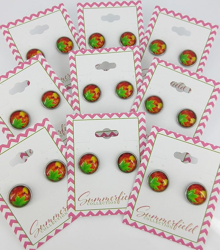 Summerfield Collection Stainless Steel Fall Leaves Green Orange Yellow Print Glass Stud Earrings 12mm