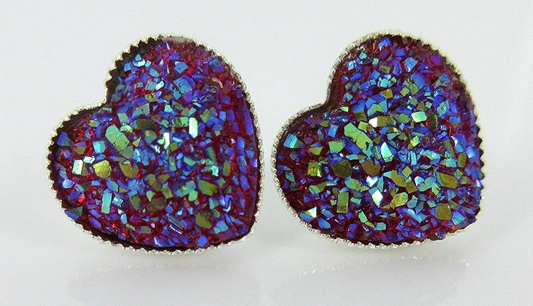 Summerfield Collection Silver-tone Heart Faux Druzy Stone Stud Earrings 12mm (Raspberry Pink AB)