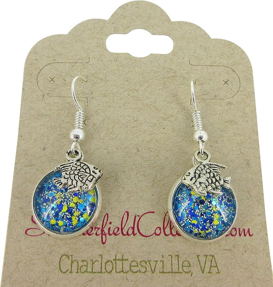 Summerfield Collection Silver-tone Blue Yellow and Holographic Glitter Glass Fish Charm Dangle Earrings Hand-painted