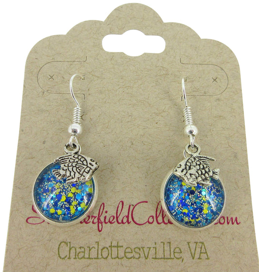 Silver-tone Blue Yellow and Holographic Glitter Glass Fish Charm Dangle Earrings Hand-painted