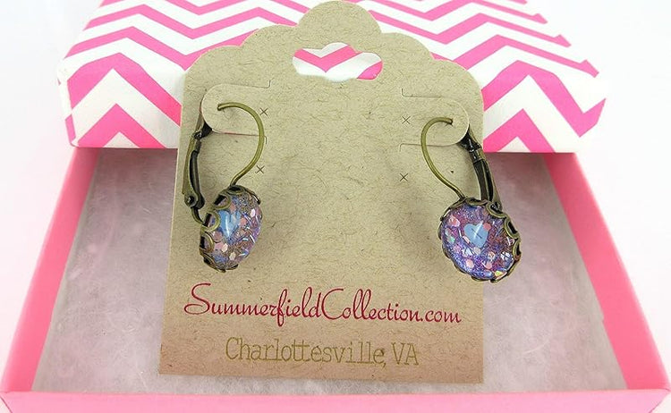 Summerfield Collection Antiqued Gold-tone Blue Purple Heart Bar Glitter Glass Drop Earrings Hand-painted