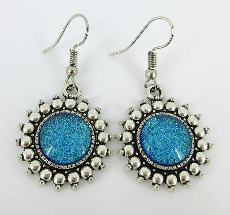 Summerfield Collection Antiqued Silver-tone Blue Green Glitter Glass Dangle Earrings Hand-painted