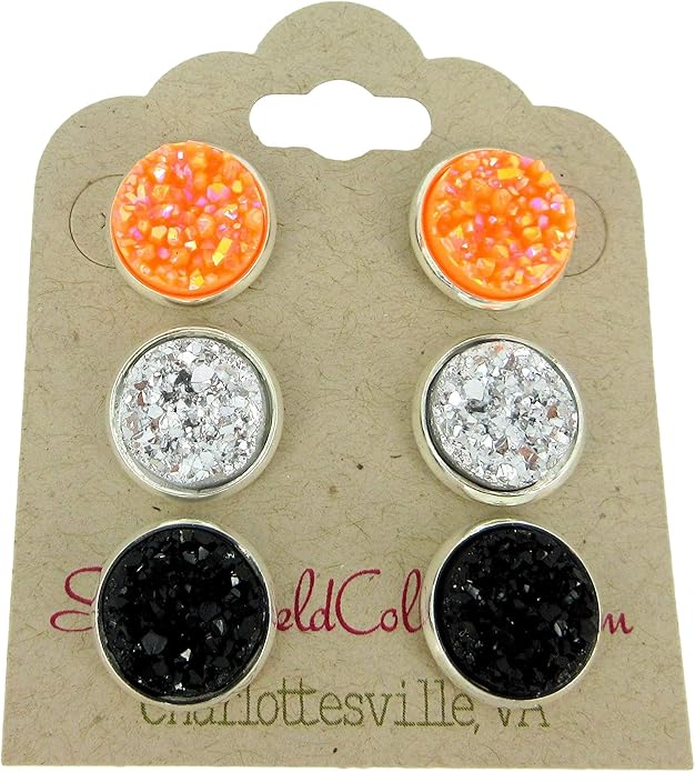 Trio Silver-tone Stud Earrings Faux Druzy Stone Orange AB Black Set 12mm