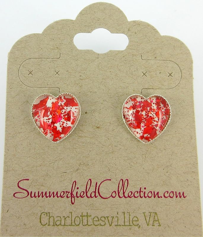 Summerfield Collection Silver-tone White and Fiery Red Glitter Glass Heart Stud Earrings Hand-painted