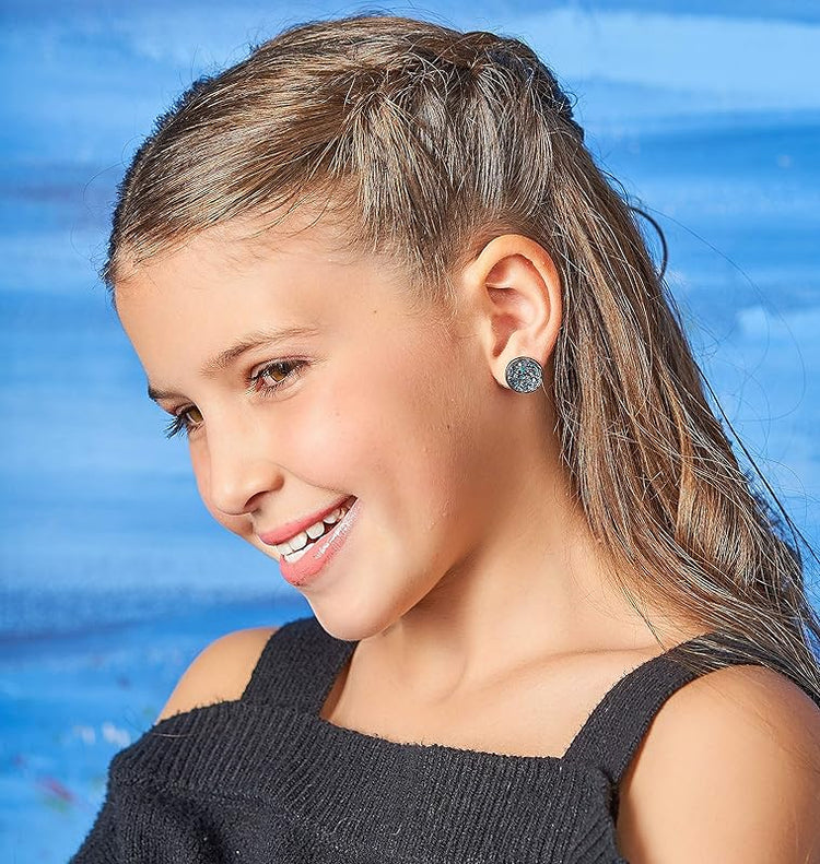 Summerfield Collection Hematite-tone Faux Druzy Stone Stud Earrings 12mm (Gray Green Blue AB)