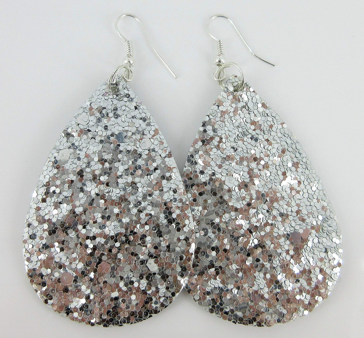 Silver Glitter Faux Leather Large Teardrop Dangle Earrings
