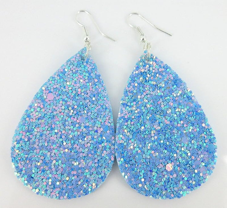Summerfield Collection Silver-tone Glitter Faux Leather Large Teardrop Dangle Earrings (Sky Blue AB)